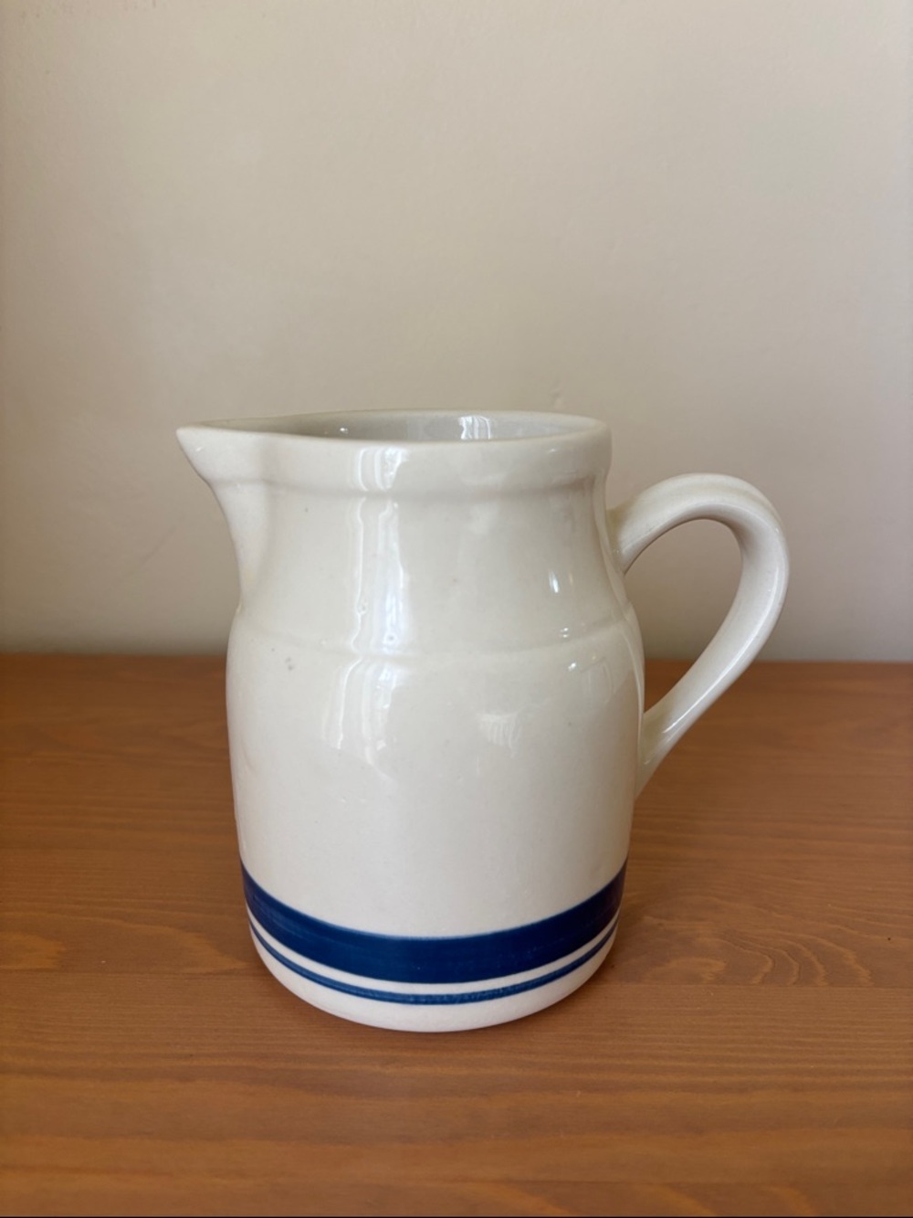 Vintage FP Ohio White Ceramic Pitcher with Blue Stripe Ceramic Farmhouse